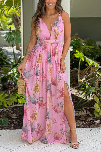 Nayeli® | Rosa bedrucktes Maxikleid mit Schlitz