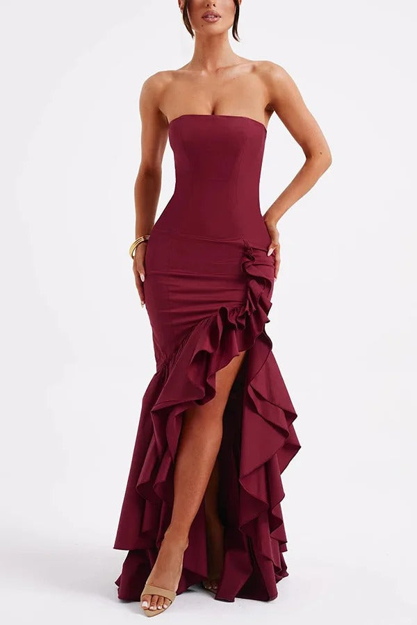 Lindsay® | Sexy Off-Shoulder-Maxikleid mit schmaler Passform und unregelmäßigem Saum