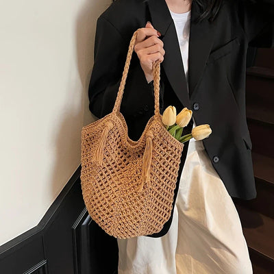 Handgefertigte Häkel-Tasche – Große Boho-Strandtasche mit Quaste