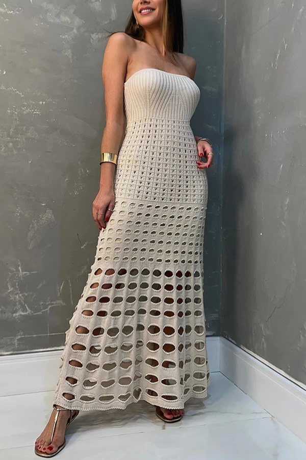 Oriana® | Rustikales, schulterfreies Patchwork-Maxikleid mit Ausschnitten