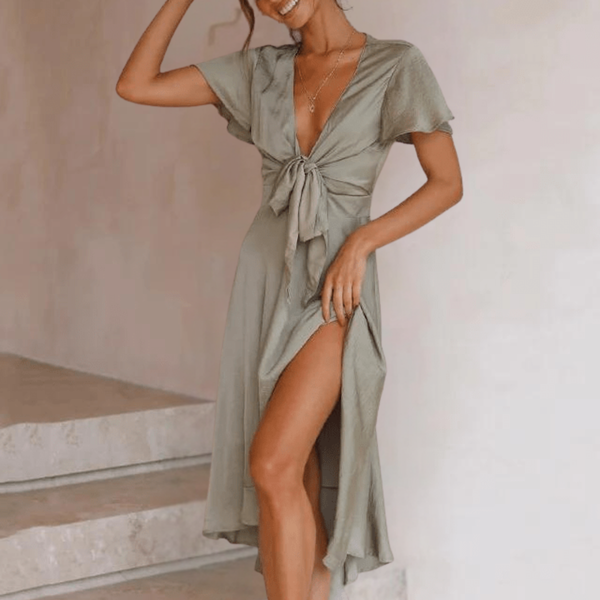 Kurzarm-Midikleid mit Frontbindung Für Damen