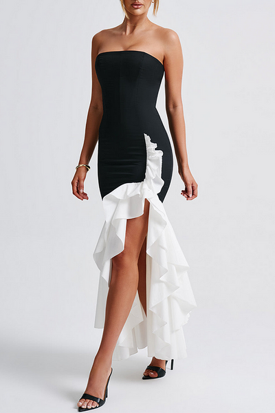Linda® | Trägerloses, figurbetontes Colorblock-Maxikleid mit Rüschen und Fischschwanz-Schwarz
