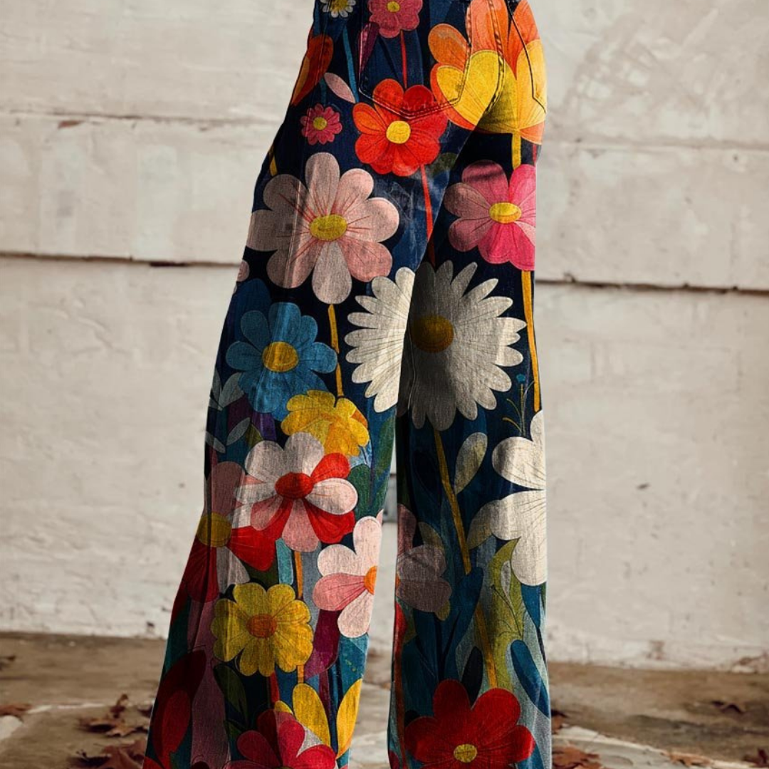 Damen Hosen Mit Hohem Bund Und Blumenmuster | Weites Bein