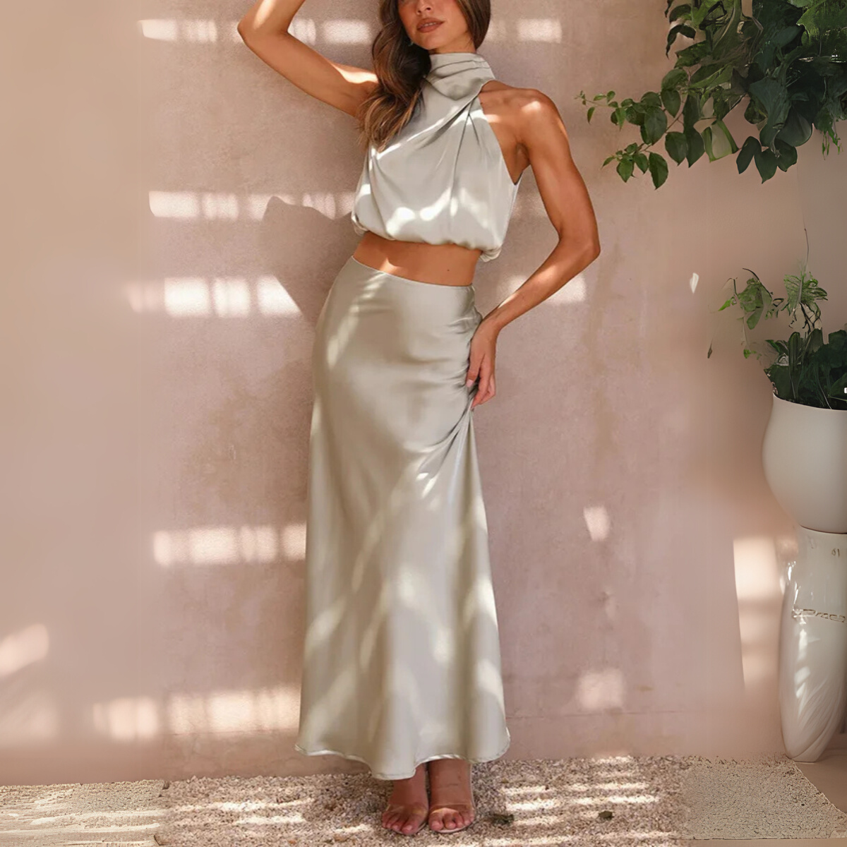 Satin-Halterneck Crop-Top und Rock für Damen