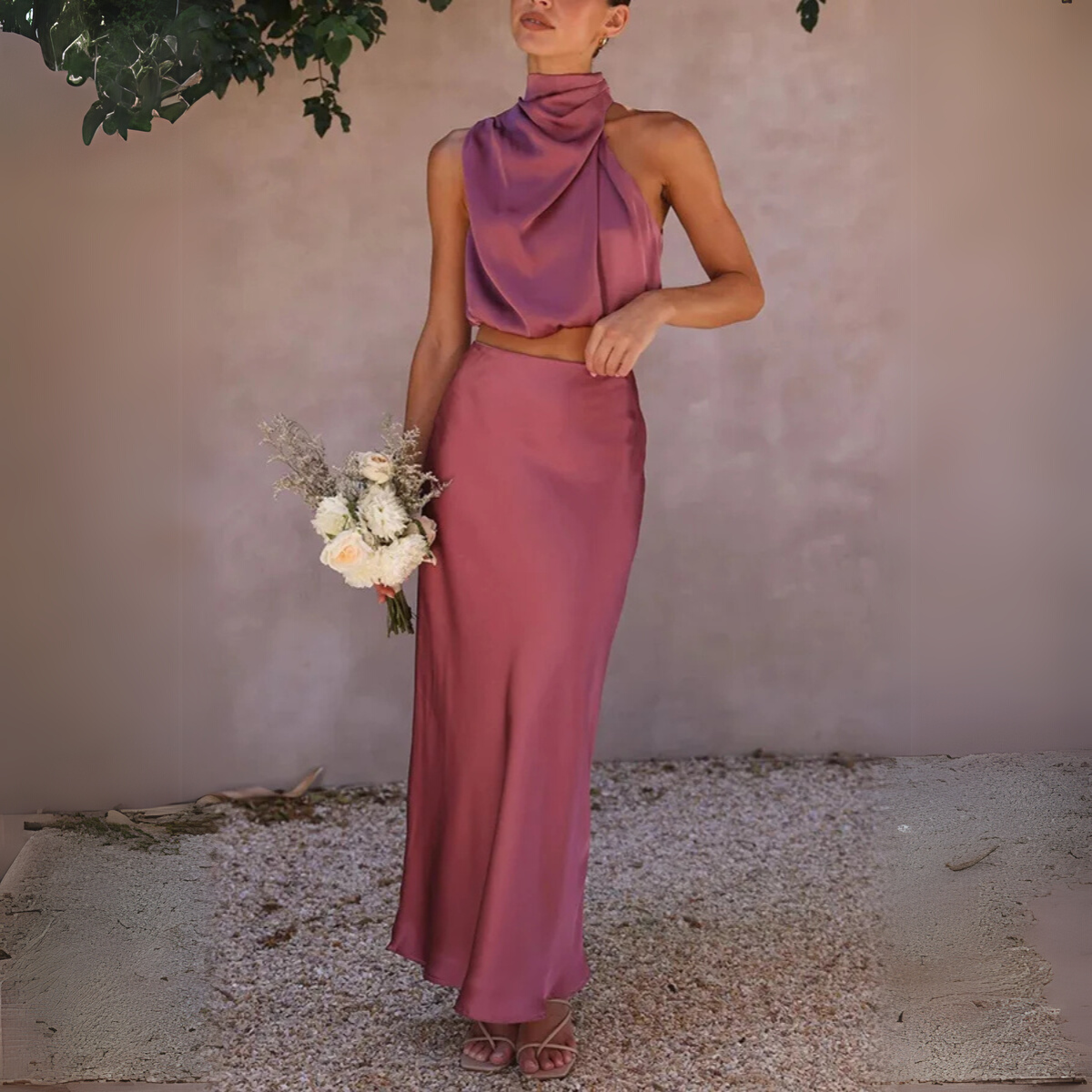 Satin-Halterneck Crop-Top und Rock für Damen