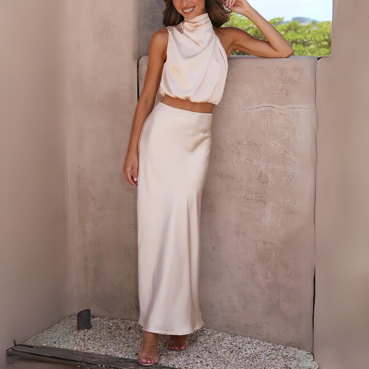 Satin-Halterneck Crop-Top und Rock für Damen