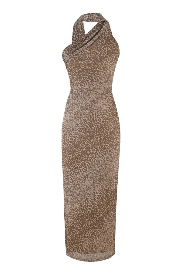 Judith® | Neckholder-Maxikleid mit schrägen Schultern und Leopardenmuster am Rücken