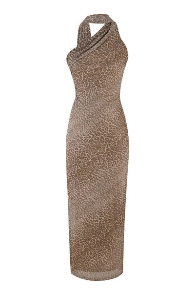Judith® | Neckholder-Maxikleid mit schrägen Schultern und Leopardenmuster am Rücken