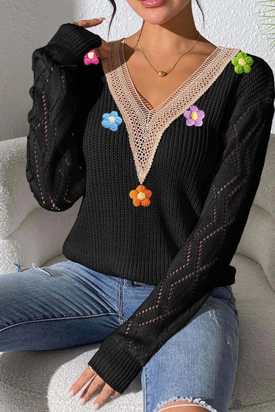 Harriet® | Schwarzer Häkelblumen-Pullover mit V-Ausschnitt