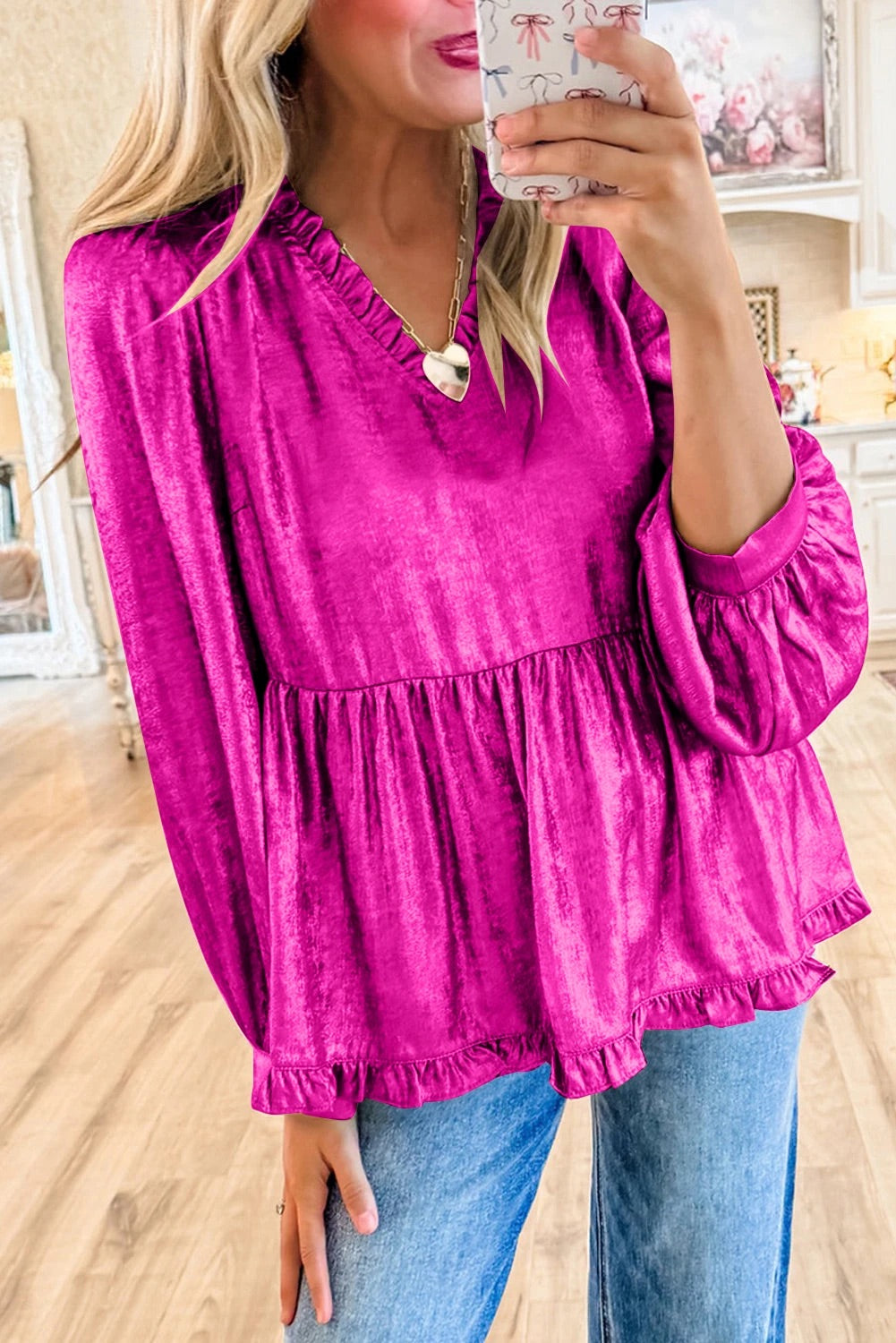 Jenna® | Samtrüschen-Babydoll-Bluse mit V-Ausschnitt und Puffärmeln