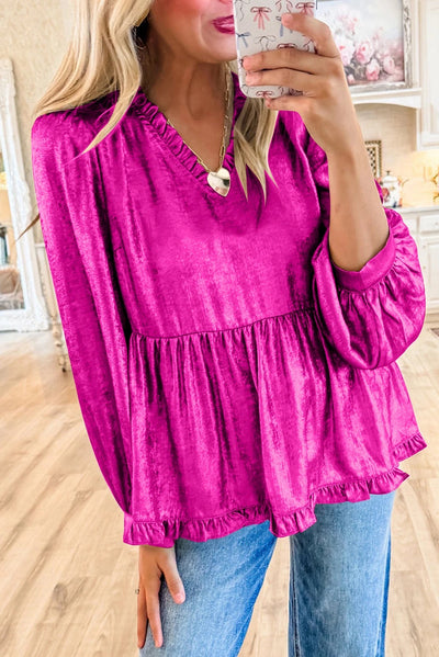 Jenna® | Samtrüschen-Babydoll-Bluse mit V-Ausschnitt und Puffärmeln