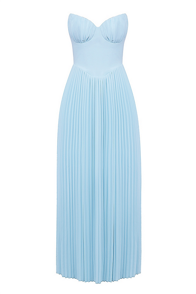 Lola® | Trägerloses, plissiertes Maxikleid mit Cinch-Taille - Blau [Vorbestellung]
