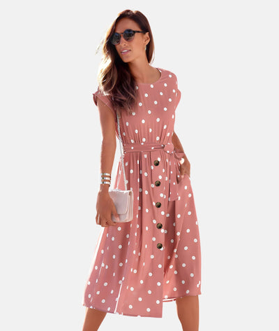 Elegantes midi-kleid mit punktemuster und taillengürtel