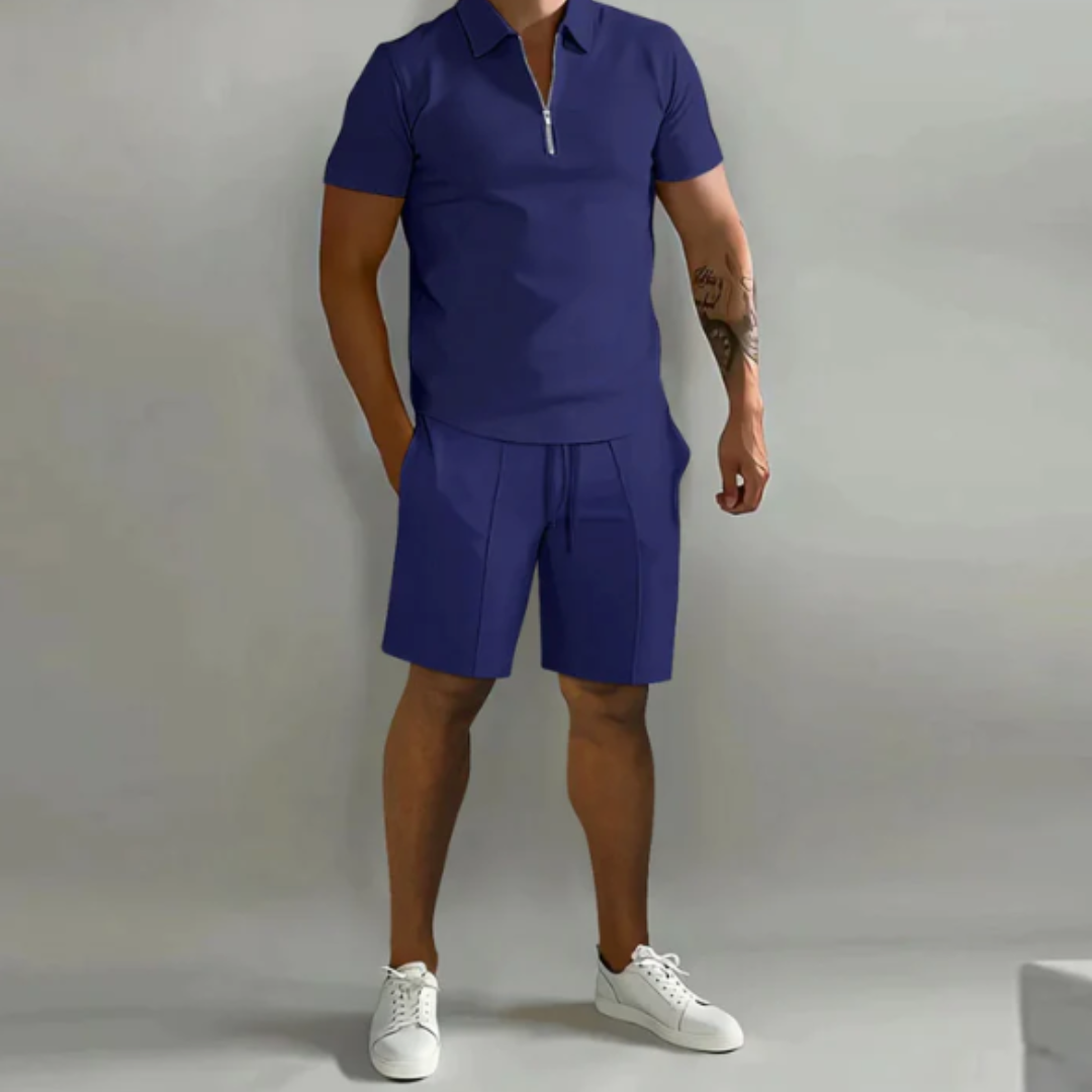 Herren Sommer Co Ord Kordelzug Shorts Und Halb Zip Oberteil Set | Zwei Teile