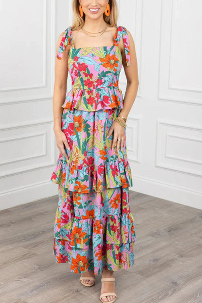 Iliana® | Mehrfarbiges mehrlagiges Maxikleid mit Boho-Blumendruck, Knotenträger und Rüschen