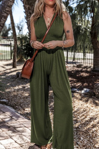 Zarina® | Moosgrüner, ärmelloser, gerüschter Overall mit weitem Bein und V-Ausschnitt