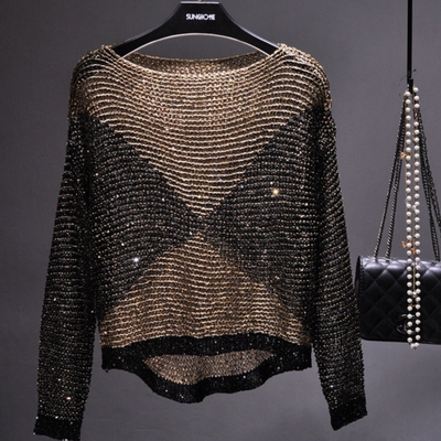 Damen Langarm Rundhals Klassisches Oberteil | Pailletten