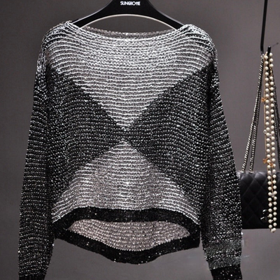 Damen Langarm Rundhals Klassisches Oberteil | Pailletten