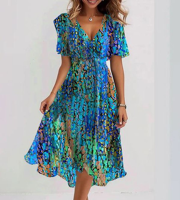 Damen special kurzärmeliges blaues midikleid