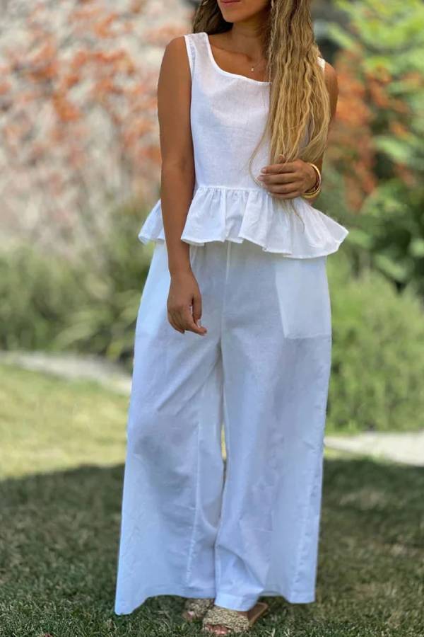 Alba® | Zweiteiliges Set aus einfarbigem ärmellosem Oberteil aus Baumwolle und Leinen und Hose mit weitem Bein