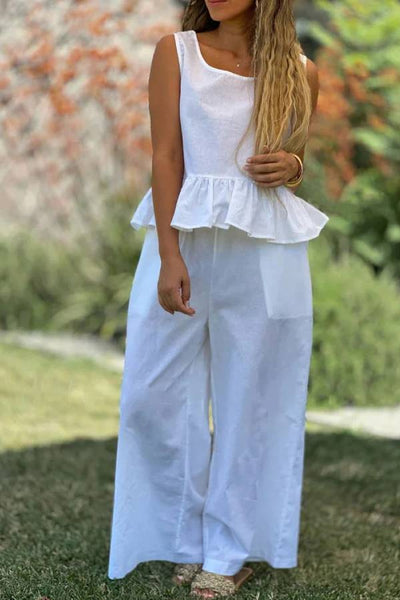 Alba® | Zweiteiliges Set aus einfarbigem ärmellosem Oberteil aus Baumwolle und Leinen und Hose mit weitem Bein