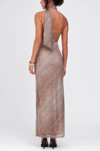 Judith® | Neckholder-Maxikleid mit schrägen Schultern und Leopardenmuster am Rücken