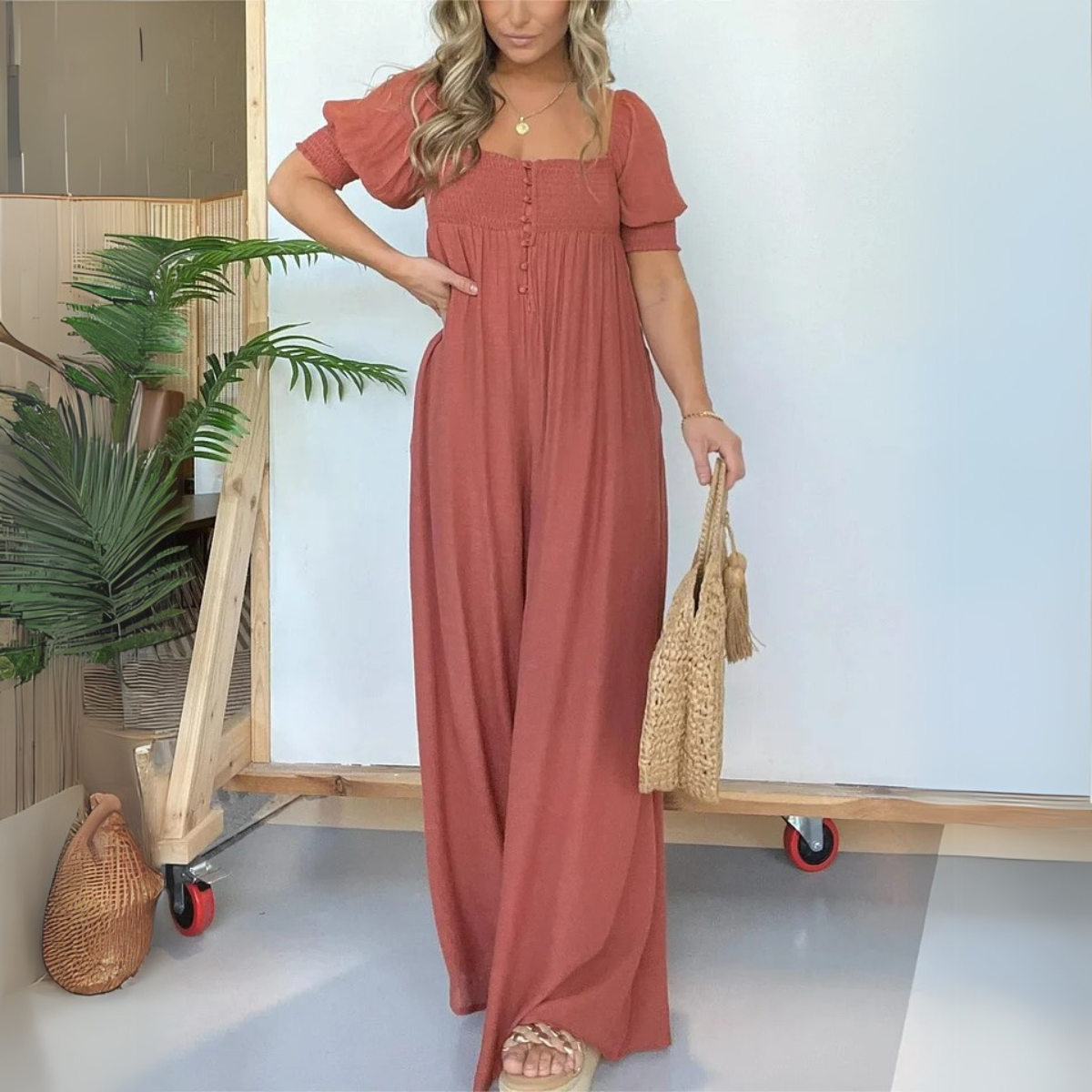 Gesmoktes Kurzarm Maxikleid Für Damen