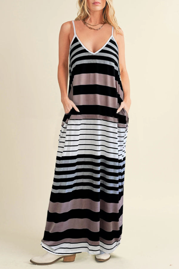 Francisca® | Mehrfarbig gestreiftes Maxikleid mit Spaghettiträgern und V-Ausschnitt
