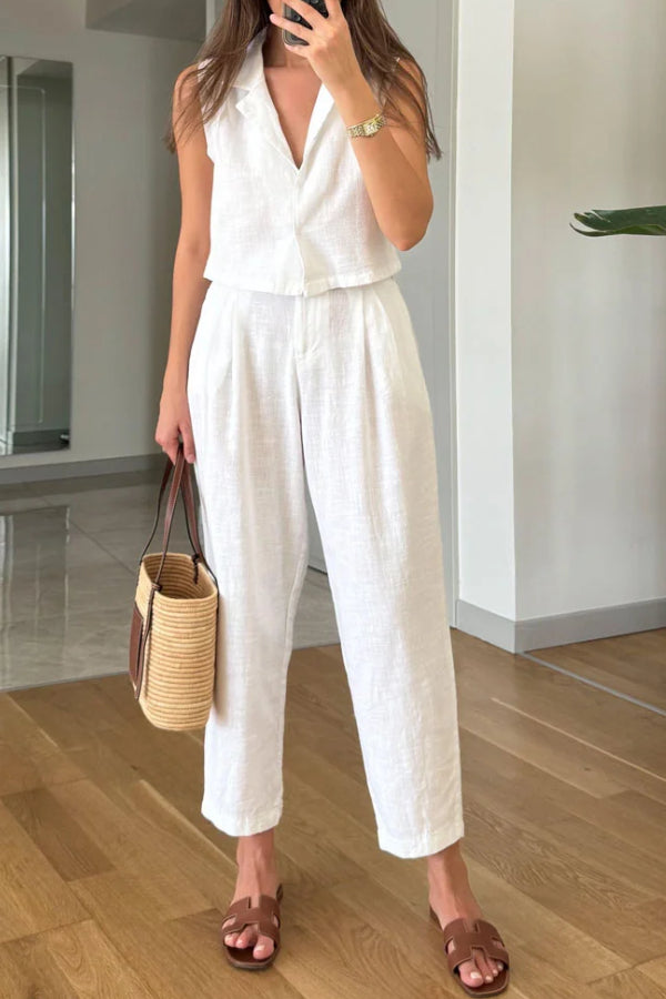 Zelma® | Lässiges, einfarbiges Revers-Weste- und Hosen-Zweiteiler-Set aus Baumwollleinen