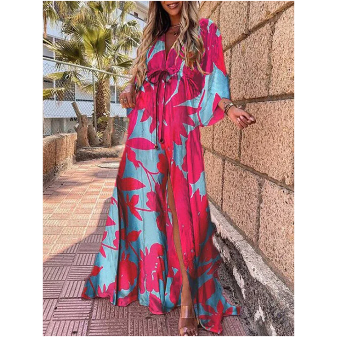 Farbenfrohes V Ausschnitt Kleid Mit Schlitz Für Damen | Maxi