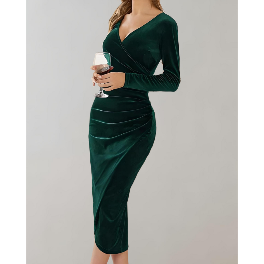Damen Langarm V-Ausschnitt Bodycon Kleid | Midi