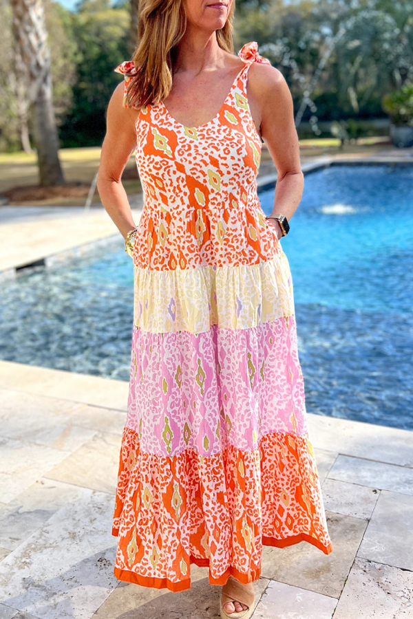 Zenda® | Orangefarbenes, gestuftes Kleid mit Leopardenmuster und geknoteten Trägern