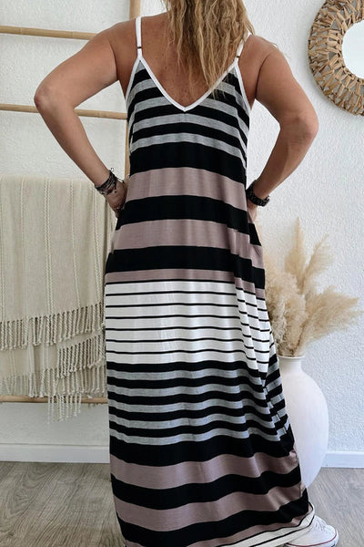 Francisca® | Mehrfarbig gestreiftes Maxikleid mit Spaghettiträgern und V-Ausschnitt