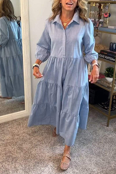Maureen® | Einfarbiges, lockeres Maxikleid mit elastischen Bündchen am Revers