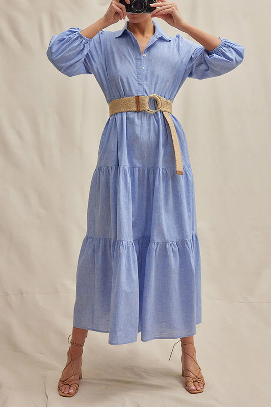 Maureen® | Einfarbiges, lockeres Maxikleid mit elastischen Bündchen am Revers