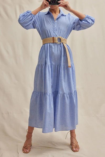 Maureen® | Einfarbiges, lockeres Maxikleid mit elastischen Bündchen am Revers