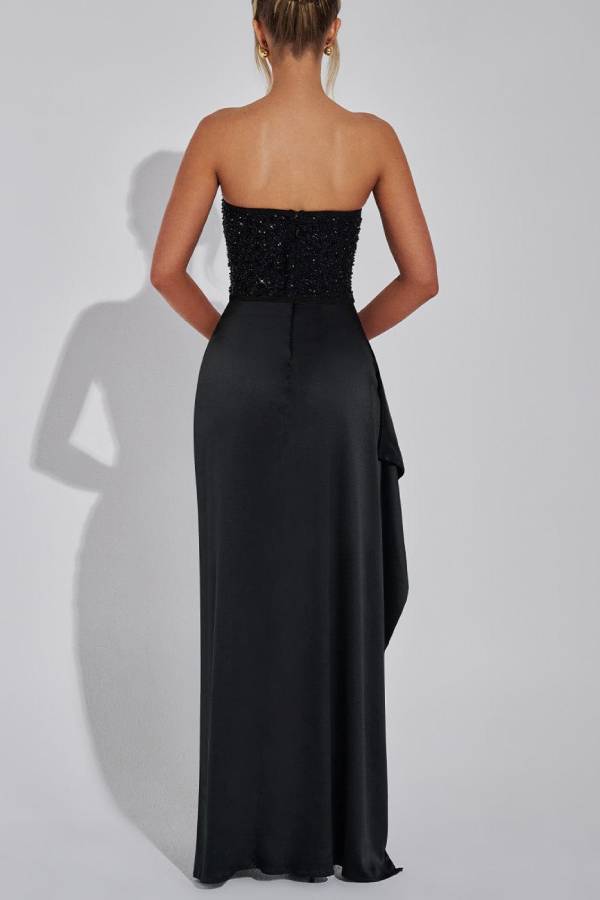 June® | Schulterfreies, schulterfreies, gerafftes, geschlitztes Maxikleid aus Satin mit Pailletten und Patchwork