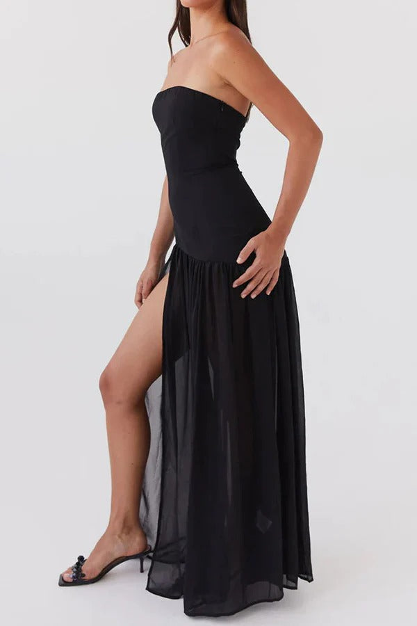 Lizzy® | Trägerloses, halbtransparentes Patchwork-Maxikleid aus Chiffon