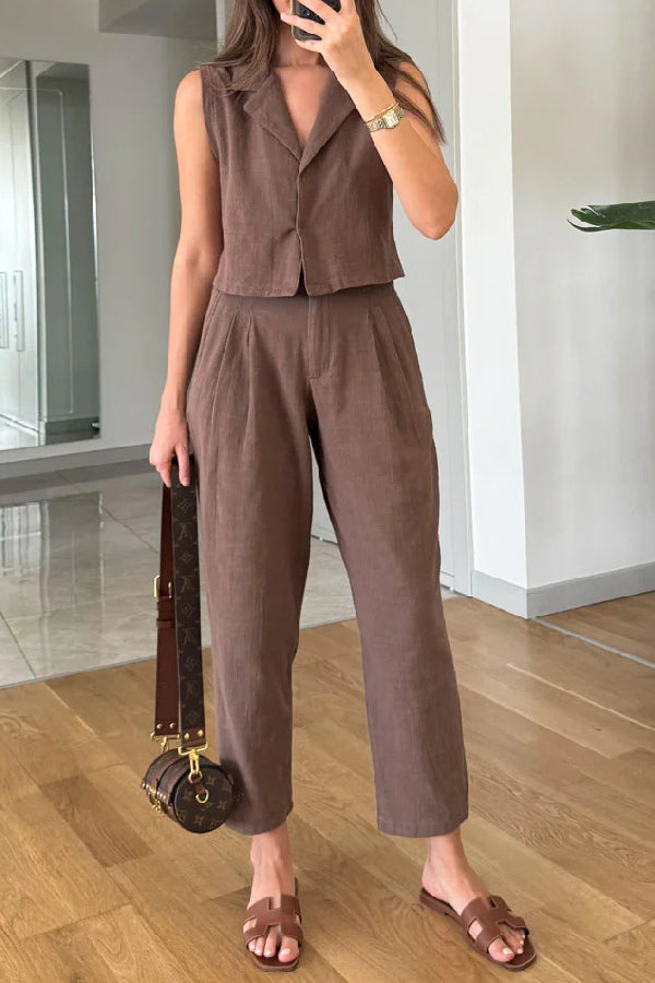 Zelma® | Lässiges, einfarbiges Revers-Weste- und Hosen-Zweiteiler-Set aus Baumwollleinen