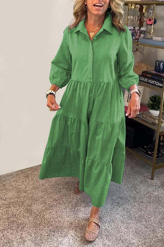Maureen® | Einfarbiges, lockeres Maxikleid mit elastischen Bündchen am Revers