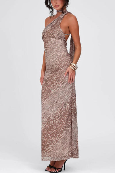 Judith® | Neckholder-Maxikleid mit schrägen Schultern und Leopardenmuster am Rücken