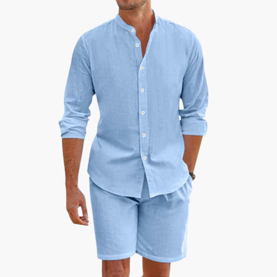 Herren Sommer Zweiteiler aus Leinenmix mit Hemd und Shorts