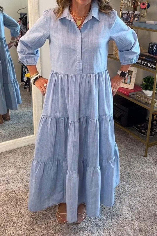 Maureen® | Einfarbiges, lockeres Maxikleid mit elastischen Bündchen am Revers