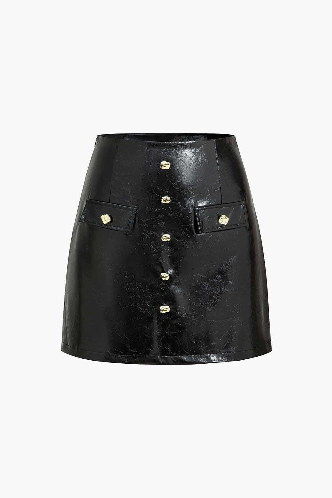 Callista | Eleganter Lackleder-Minirock mit Goldknöpfen und Ziertaschen