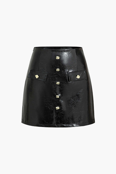 Callista | Eleganter Lackleder-Minirock mit Goldknöpfen und Ziertaschen