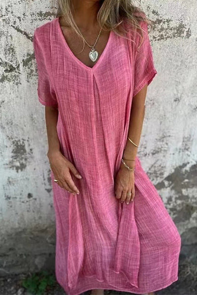 Mónica® | Locker geschnittenes Midikleid aus Baumwollleinen mit V-Ausschnitt