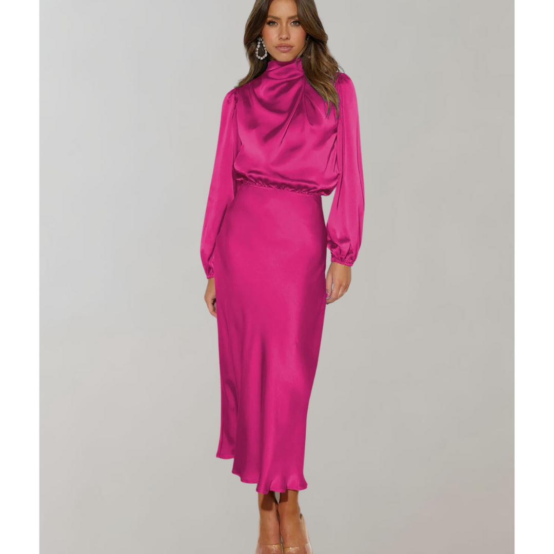 Damen Stylisches High Neck Elegantes Langarm Kleid | Midi