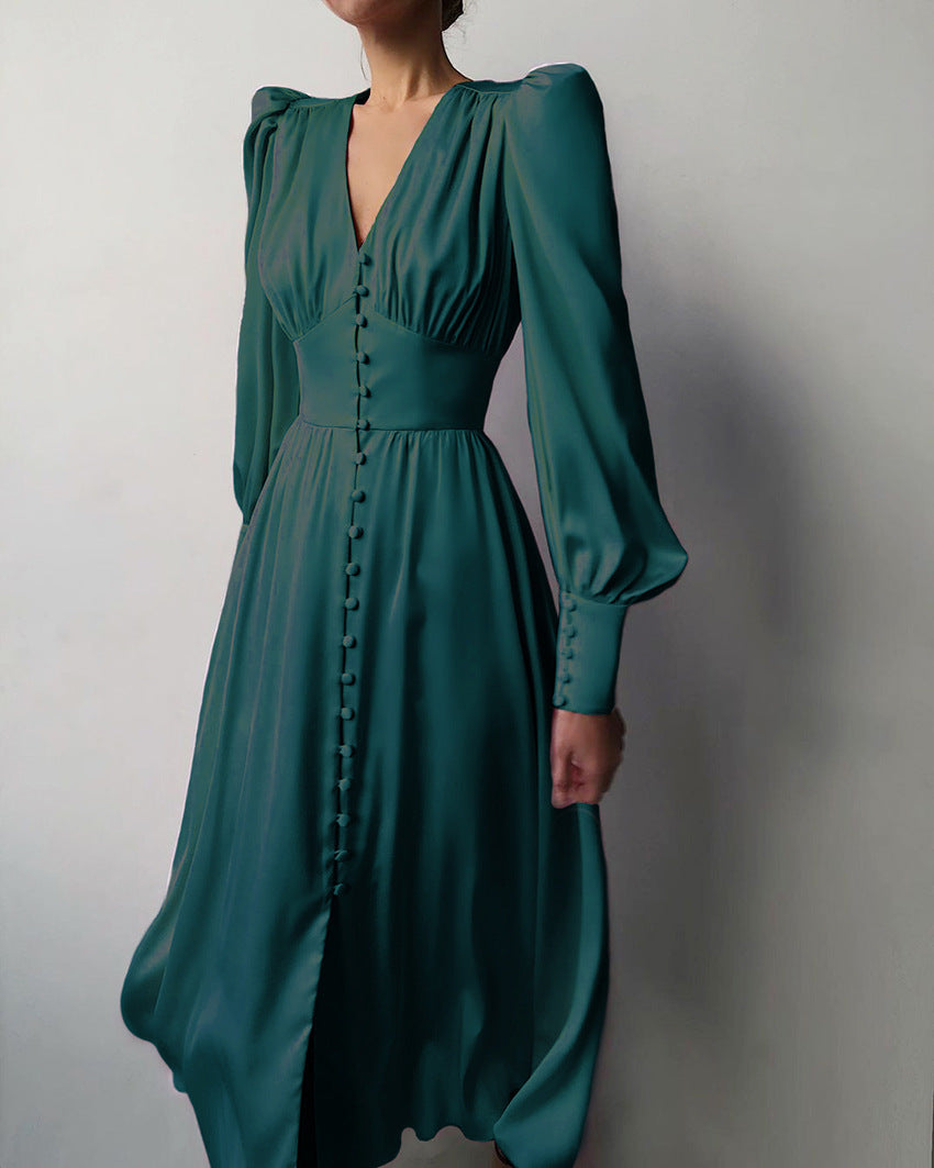 Tailliertes Satin-Kleid mit Ballonärmeln – Elegantes Abendkleid