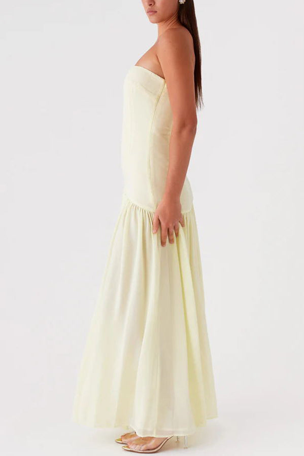 Lizzy® | Trägerloses, halbtransparentes Patchwork-Maxikleid aus Chiffon