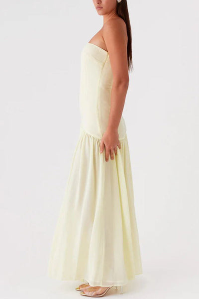 Lizzy® | Trägerloses, halbtransparentes Patchwork-Maxikleid aus Chiffon
